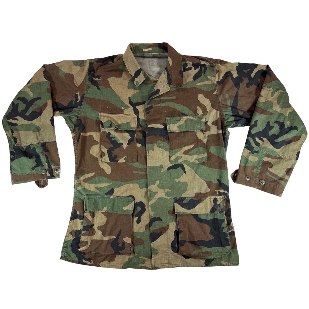Vintage US Army Woodland Camo BDU Field Jacket Medium Long 90s Military Coat